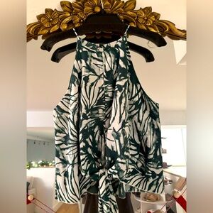 Mahina tie front top, green and white print